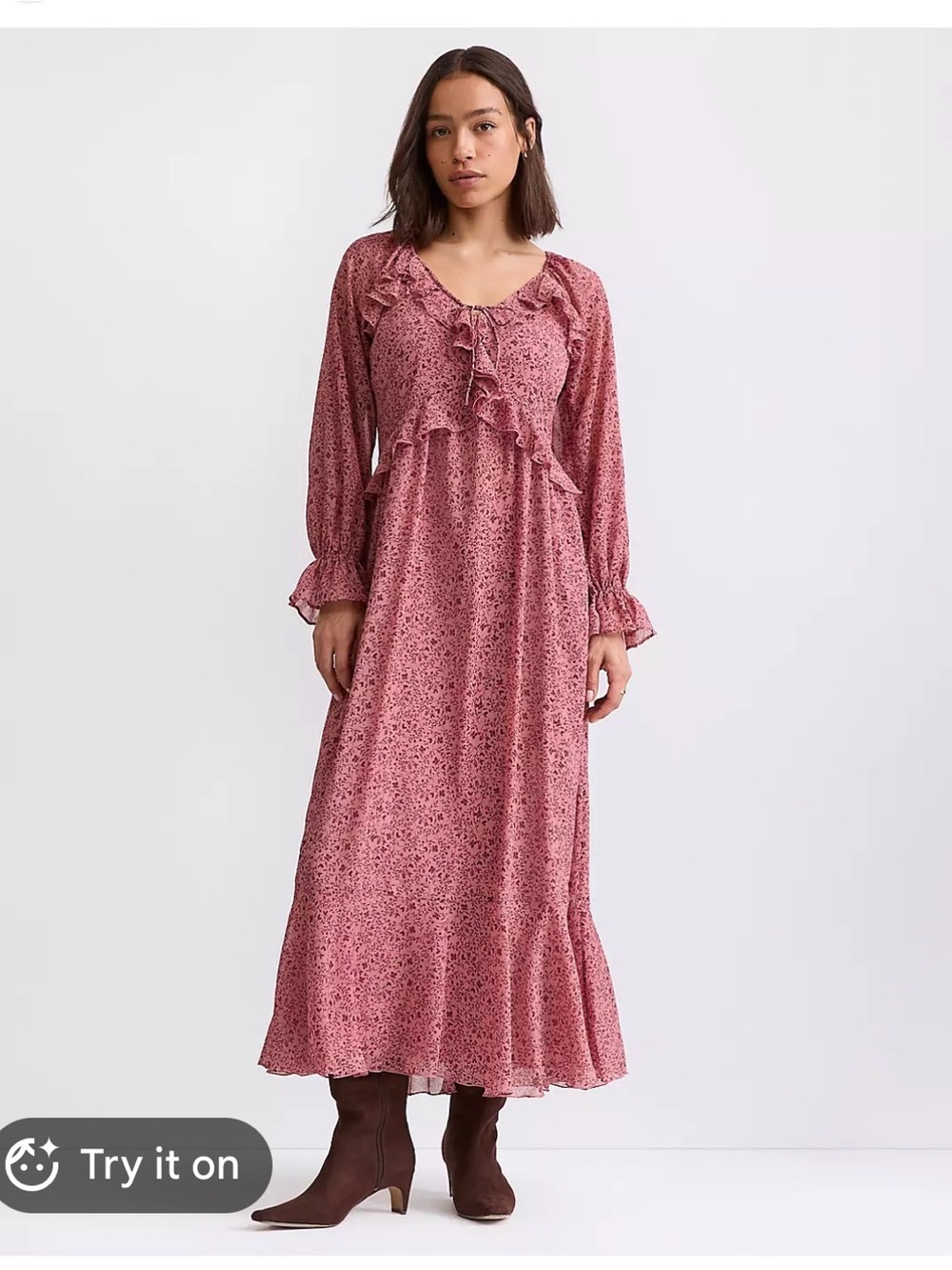 NWT LOFT Dusty Rose  Sheer Ruffle Maxi Dress - Lined- Size SMALL